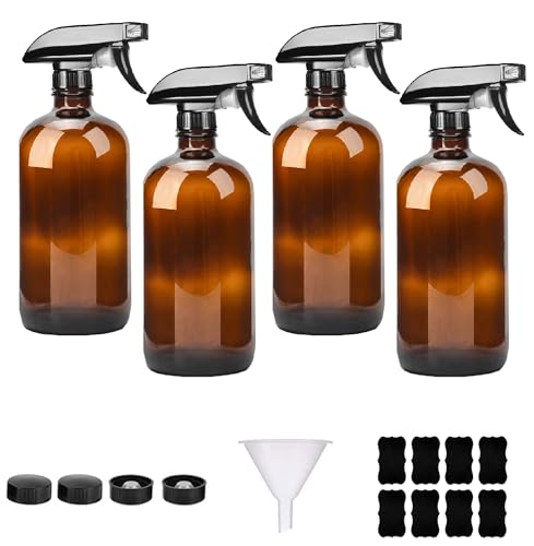 Amber Glass Spray Bottle 8oz 4 Pack Boston Bottles Durable Empty Reusable Refillable Container & Labels with Adjustable Nozzle for Cleaning, BBQ, Food, Alcohol, Essential Oils, Hair Salon