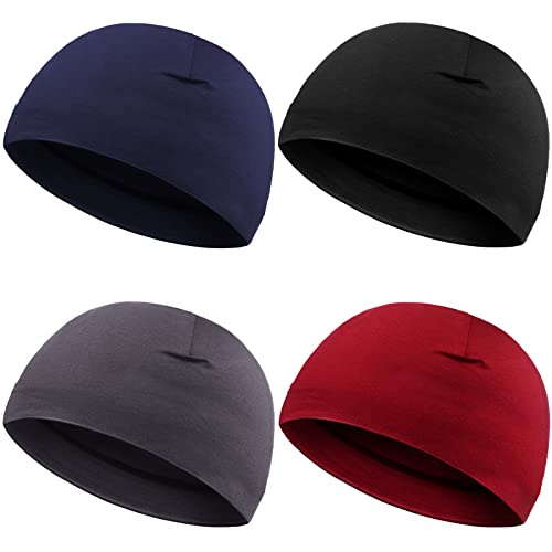 4 Pieces Men Skull Caps Soft Cotton Beanie Hats Stretchy Helmet Liner Multifunctional Headwear for Men Women (Gray, Wine Red, Navy Blue, Black,Solid Style)