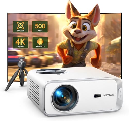 【Electric Focus & Android TV】Projector 4k with WiFi and Bluetooth, WiMiUS Full HD 1080P 500ANSI Home Theater Movie Projector 4k+, 4P/Auto Vertical Keystone 50% Zoom 300“ Portable Outdoor Projector