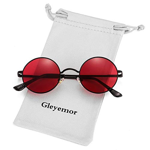 Gleyemor Polarized Round Sunglasses for Men Women Hippie Small Circle Glasses Red Yellow Lenses (Black/Clear Red)
