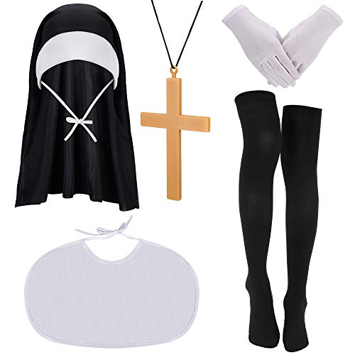 Nun Costume Set, Nun Hat, Nun Collar, Cross Pendent Necklace, Gloves, Knee Thigh High Socks for Halloween Cosplay Carnival Theme Party