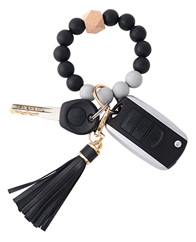 BAOSIWA Women Silicone Keychain Bracelet Beaded Wristlet Key Ring Black Bangle Chains with Leather Tassel