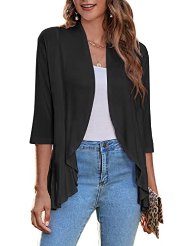 Zeagoo Women's Open Front 3/4 Sleeve Draped Ruffles Knit Cardigan X-Large Black