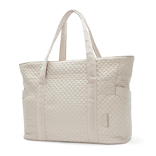 BAGSMART Large Tote Bag For Women, Travel Shoulder Bag Top Handle Handbag with Yoga Mat Buckle for Gym, Work, Travel(Beige, Large)