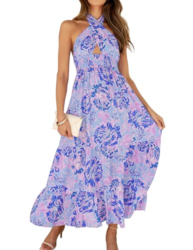 ZESICA Women's 2024 Summer Crossover Halter Neck Sleeveless Plaid Cut Out Backless Flowy A Line Maxi Dress,BluishViolet,Medium