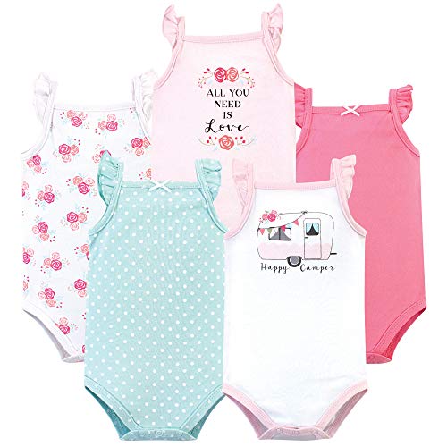 Hudson Baby Unisex Baby Cotton Sleeveless Bodysuits Tank Top, Pink Happy Camper, 6-9 Months US
