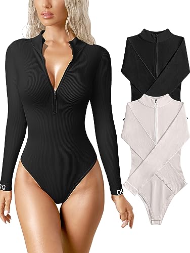 OQQ Women's 2 Piece Bodysuits Sexy Ribbed One Piece Zip Front Long Sleeve Tops Bodysuits Black Pumice grey