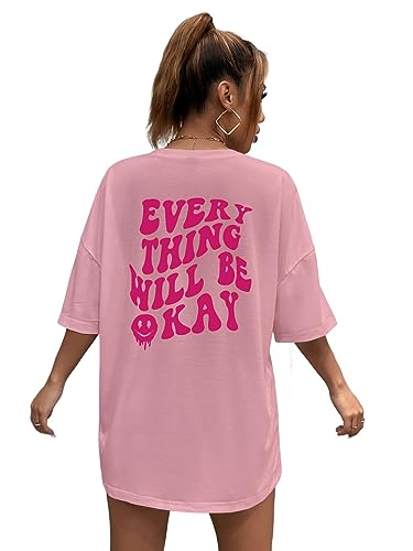 SOLY HUX Women's Oversized T Shirts Graphic Tees Letter Print Casual Trendy Summer Tops Dusty Pink S