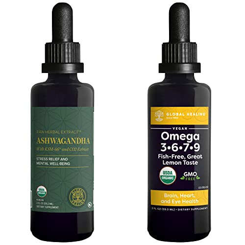 Global Healing Organic Ashwagandha & Omega 3 6 7 9-2 Fl Oz Each