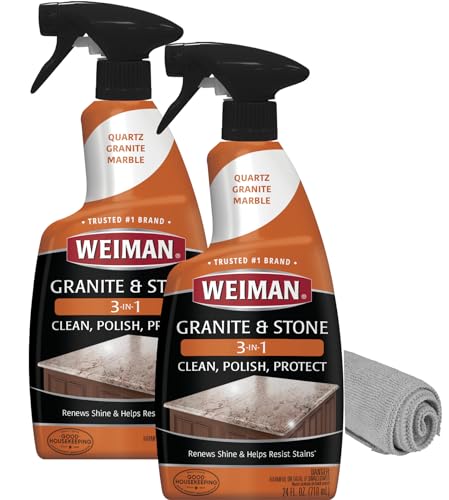 Weiman Granite Cleaner Polish and Protect 3 in 1-2 Pack - Streak-Free, pH Neutral Formula for Daily Use on Interior & Exterior Natural Stone with Microfiber Towel