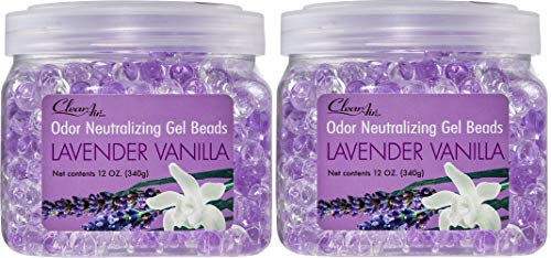 Clear Air Odor Eliminator Gel Beads - Eliminates Odors in Bathrooms, Cars, Boats, RVs & Pet Areas - Air Freshener Made with Essential Oils - Lavender Vanilla Scent - 12 Ounce - 2 Pack