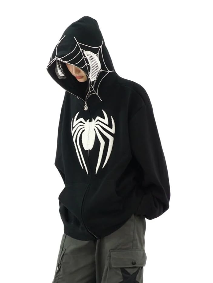 OATSBAS Y2K Hip Hop Spider Hoodie for Women Men Graphic Full Zip up Hoodies Oversized Kawaii Hoodies Spider Jacket (Black,Medium)