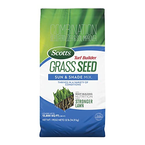 Scotts Turf Builder Grass Seed Sun & Shade Mix with Fertilizer and Soil Improver, Thrives in Many Conditions, 32 lbs.