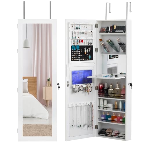 Bonnlo Jewelry Armoire Organizer with Mirror, Space-Saving 2 in 1 Wall Mounted/Door Hanging, Jewelry Cabinet with Keys, Bedroom Bathroom Cosmetics Storage Cabinet with 6 Shelves (White)