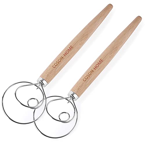 Pack of 2 Danish Dough Whisk Blender Dutch Bread Whisk Hook Wooden Hand Mixer Sourdough Baking Tools for Cake Bread Pizza Pastry Biscuits Tool Stainless Steel Ring 13.5 inches 0.22 lb/pcs…