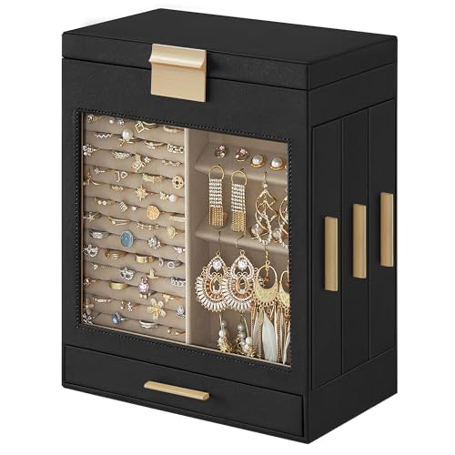 SONGMICS Jewelry Box with Glass Window, 5-Layer Jewelry Organizer with 3 Side Drawers, Jewelry Storage, with Big Mirror, Modern, 6.1 x 10.3 x 12.6 Inches, Ink Black and Metallic Gold UJBC162B02