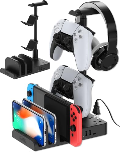 KAFRI Headphone and Controller Stand with USB A&C Charger, Desk Gaming Accessories Headset Holder with USB Charging Port and 2 AC Outlets, Switch/Phone Storage Organizer, Gamer Gift for Men Boyfriend