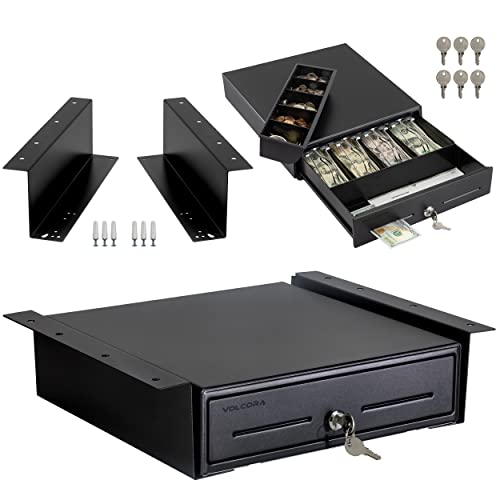 Volcora 13' Electronic Cash Register Drawer with Under Counter Mounting Metal Bracket - POS, 4 Bill 5 Coin Cash Tray, Removable Coin Compartment, 24V RJ11/RJ12 Key-Lock, Media Slot, Black