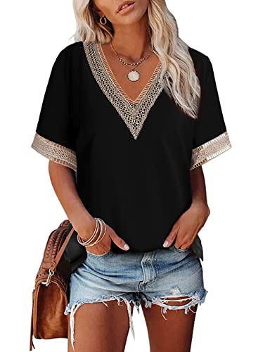 EVALESS Women's Short Sleeve Sexy Summer Tops 2024 Trendy Lace Trim V Neck Chiffon Satin Cute Blouses for Women Going Out Tops Dressy Casual Shirts Black X-Large