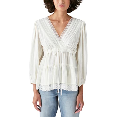 Lucky Brand Women's Babydoll Lace Trim Top, Egret, XX-Large