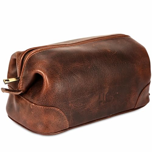 HLC Leather Toiletry Bag for Men - Best Gift for Men - Premium Genuine Leather Dopp Kit Shaving Kit Organizer Travel Kit Pouch Bag for Men - Large Size