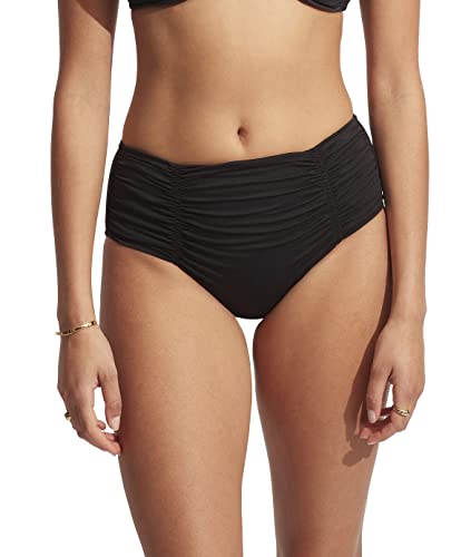 Seafolly Women's Standard Gathered Front Retro Full Coverage Bikini Bottom Swimsuit, Eco Collective Black, 14