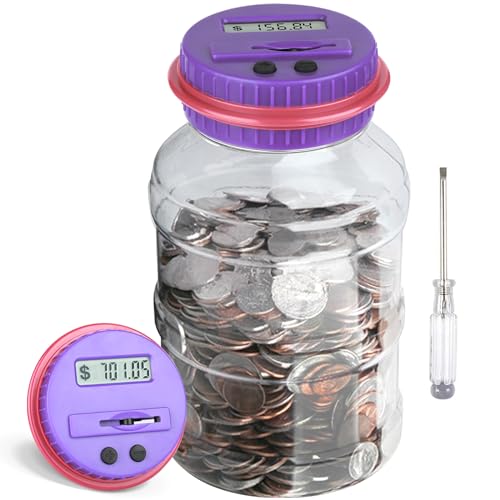 Large Piggy Bank for Adults Kids, Vcertcpl Digital Coin Counting Bank with LCD Counter, 1.8L Capacity Coin Bank Money Jar for Adults, Designed for All US Coins (Purple)