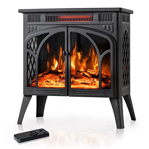 Electactic 24Inch Electric Fireplace Stove , Free-Standing Infrared Fireplace Stove, Controllable 3D Flame, 4 Variable Flame&Log Colors, 1500w, 5100BTU, Black (S230B-BLACK), 23.5'L X 10.7'W X 24.3'H