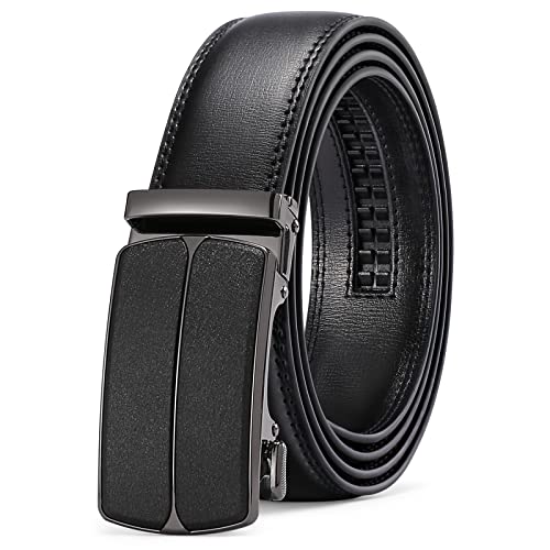 SENDEFN Men's Leather Belt Automatic Ratchet Buckle Slide Belt for Dress Casual Trim to Fit with Gift Box(B-black-23)