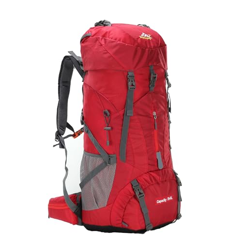 WintMing 75L Hiking Backpack with Rain Cover Waterproof Camping Backpack Shoes Warehouse for Men Women, Frameless (red)
