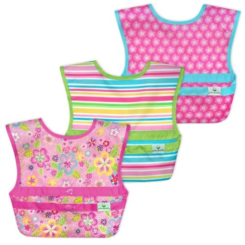 green sprouts Snap and Go Easy-wear Bibs for Baby and Toddler (3 pk) Comfortable, Waterproof Protection for Messy Eaters Flipped Pocket Easily Catch Spills, Easy Clean , Pink Flower Field, 9-18mo