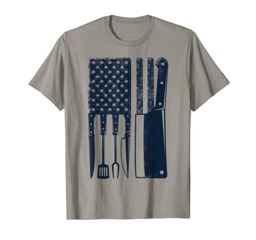 Chef American Flag Kitchen Butcher Knife Vintage 4th of July T-Shirt