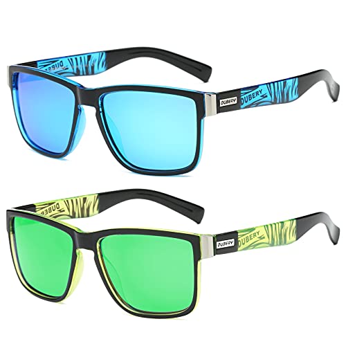 DUBERY Vintage Polarized Sunglasses for Men Women Retro Square Sun Glasses D518 (2Pack-Blue+Green)