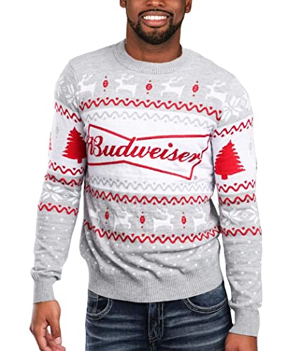 Tipsy Elves x Budweiser Funny Ugly Holiday Sweaters for Men - Grey Fair Isle Budweiser Pullover Size Large