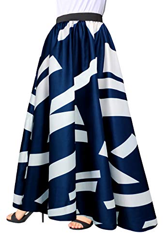 Afibi Women Chiffon Mopping Floor Length Big Hem Solid Beach High-Waist Maxi Skirt (Large, Navy Blue)