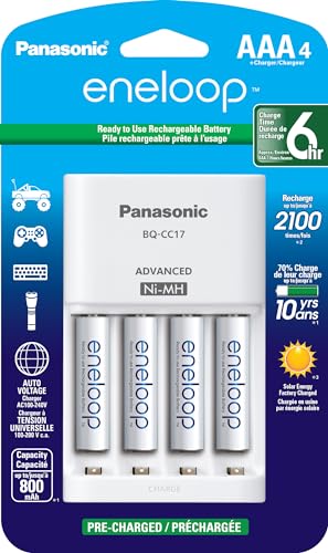 Panasonic K-KJ17M3A4BA Advanced Individual Cell Battery Charger Pack with 4 AAA eneloop 2100 Cycle Rechargeable Batteries