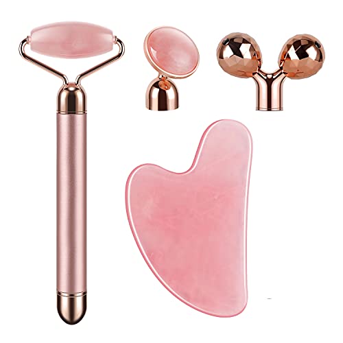 4-IN-1 Face Massager and Gua Sha Set for Women, Rose Quartz Face Roller Skin Care Tools Electric Eye Massager Tool for Face Skin Roller