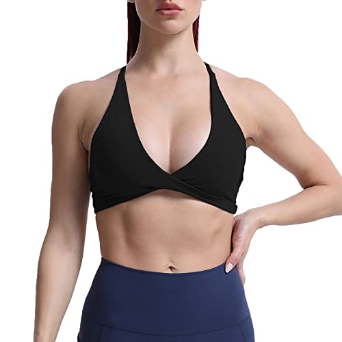Aoxjox Women's Workout Sports Bras Fitness Backless Padded Sienna Low Impact Bra Yoga Crop Tank Top (Black, Large)