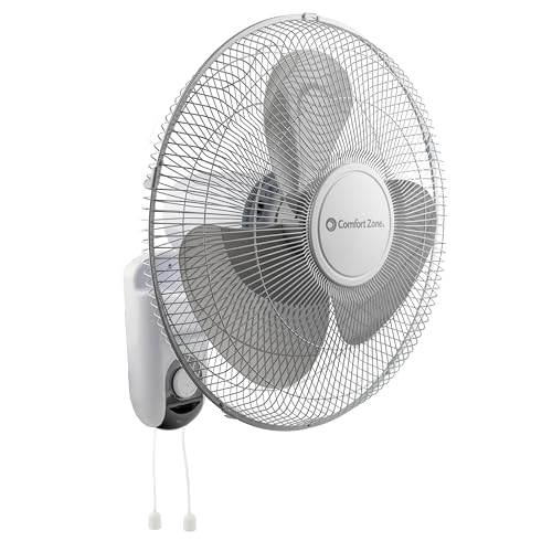 Comfort Zone Oscillating Wall Mount Fan with Adjustable Tilt, 16 inch, 3 Speed, Metal Grille, 90 Degree Oscillation, Airflow 14.07 ft/sec, Ideal for Home, Bedroom, Gym & Office, CZ16W
