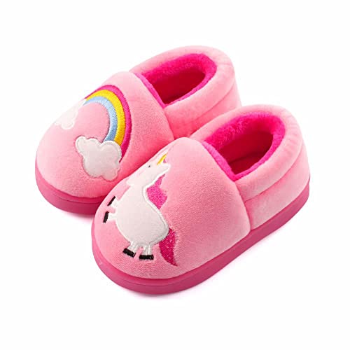 ESTAMICO Girls Plush Warm Slippers Cute Animal Kids Winter Indoor Outdoor House Shoes, Pink 7-8 Toddler