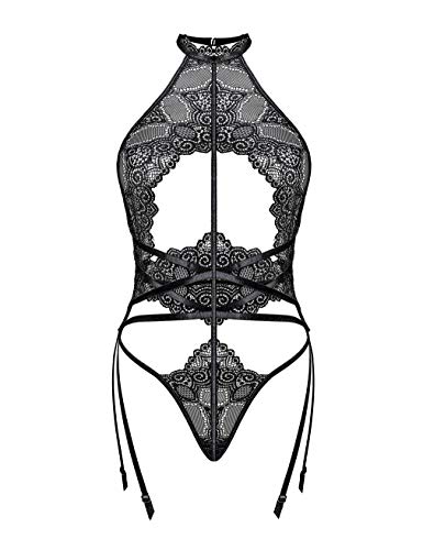 LOVE YOU SEXY Women Lace Bodysuit with Garter Belts, Halter Neck Backless Teddy, One Piece Bodysuit Lingerie Black XL