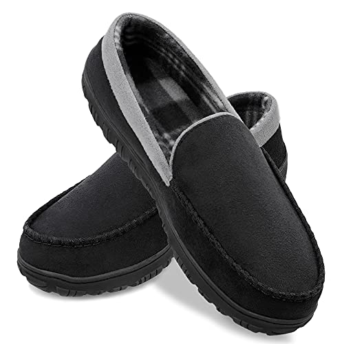shoeslocker Men's Microsuede Moccasin Slippers Black Grey Size 12