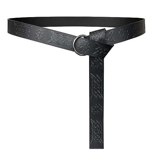 HiiFeuer Medieval Embossed PU Leather O Ring Belt, Retro Renaissance Knight Belt (Black B)