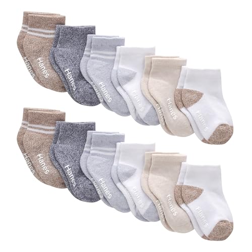 Hanes Baby and Toddler, Non-Slip Grip Ankle Socks, Boys' and Girls', Multipacks, White, Grey, Heather Blue, Brown, Khaki-12 Pack, 6-12 Months