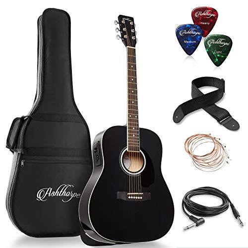 Ashthorpe Full-Size Dreadnought Acoustic-Electric Guitar Bundle - Premium Tonewoods - Black