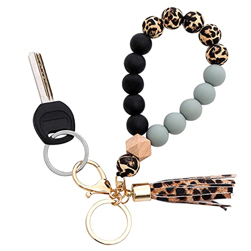 BAOSIWA Silicone Key Ring Bracelet Wristlet Keychain Leopard Beaded Bangle Key Chains for Women with Leather Tassel