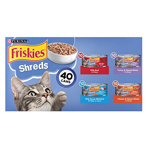 Purina Friskies Wet Cat Food Variety Pack, Shreds Beef, Turkey, Whitefish, and Chicken & Salmon - (Pack of 40) 5.5 oz. Cans