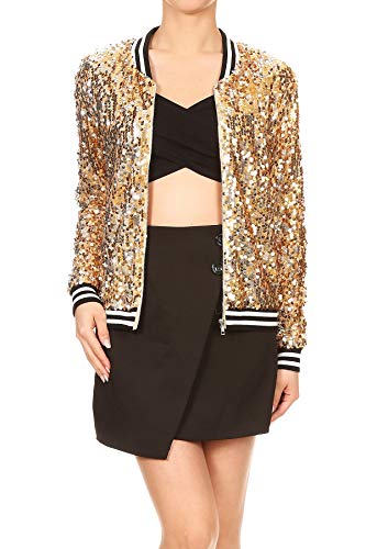 Anna-Kaci Womens Sequin Long Sleeve Front Zip Jacket with Ribbed Cuffs, Gold, Small