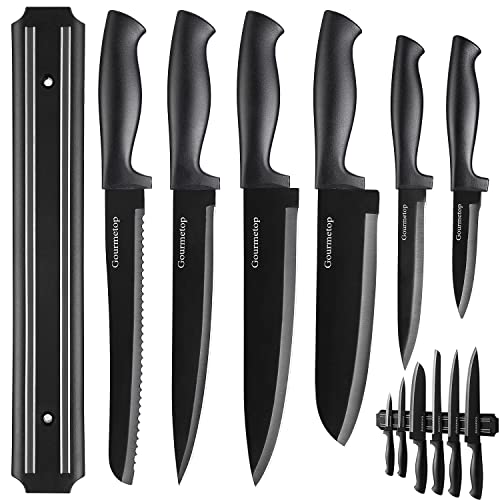 Gourmetop Kitchen Knife Set with No Drilling Magnetic Strip for Kitchen Black Titanium Small Cooking Knives, Sharp Stainless Steel Chef Knife Set for Cutting Meat & Vegetable