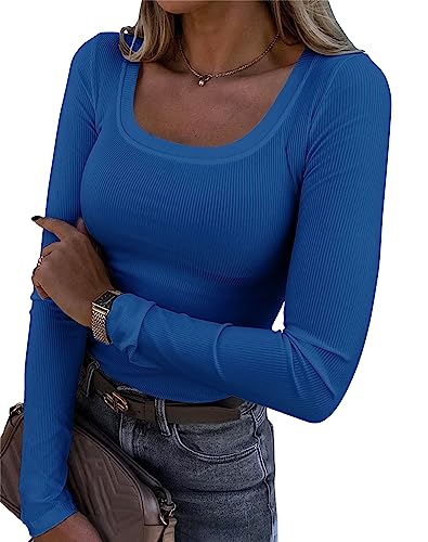 Roselux Womens Long Sleeve Scoop Neck Ribbed Knit Fitted Casual Tops Tee Slim Basic Shirts(3924,Royal Blue-M)